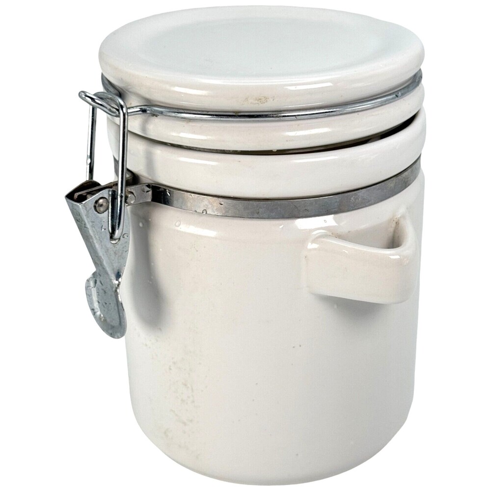 Canister Round Jar Wire Bail Lid & Gasket Snap Clasp Lid White 6" Spoon Holder